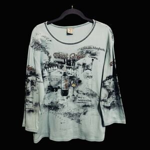 Vintage Jess & Jane Women’s Graphic T Shirt Top Light Blue Italian Wine Size XL